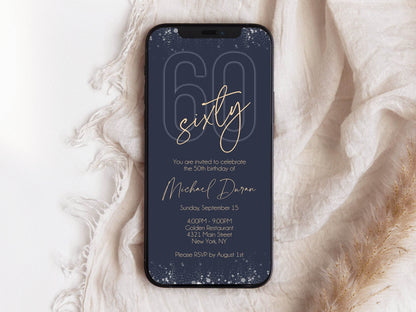 Navy Blue 60th Birthday Invitation, Electronic Navy Gold Digital Phone Invite, Text Message Evite, Editable Men's Mobile Invitation Template, Instant Download