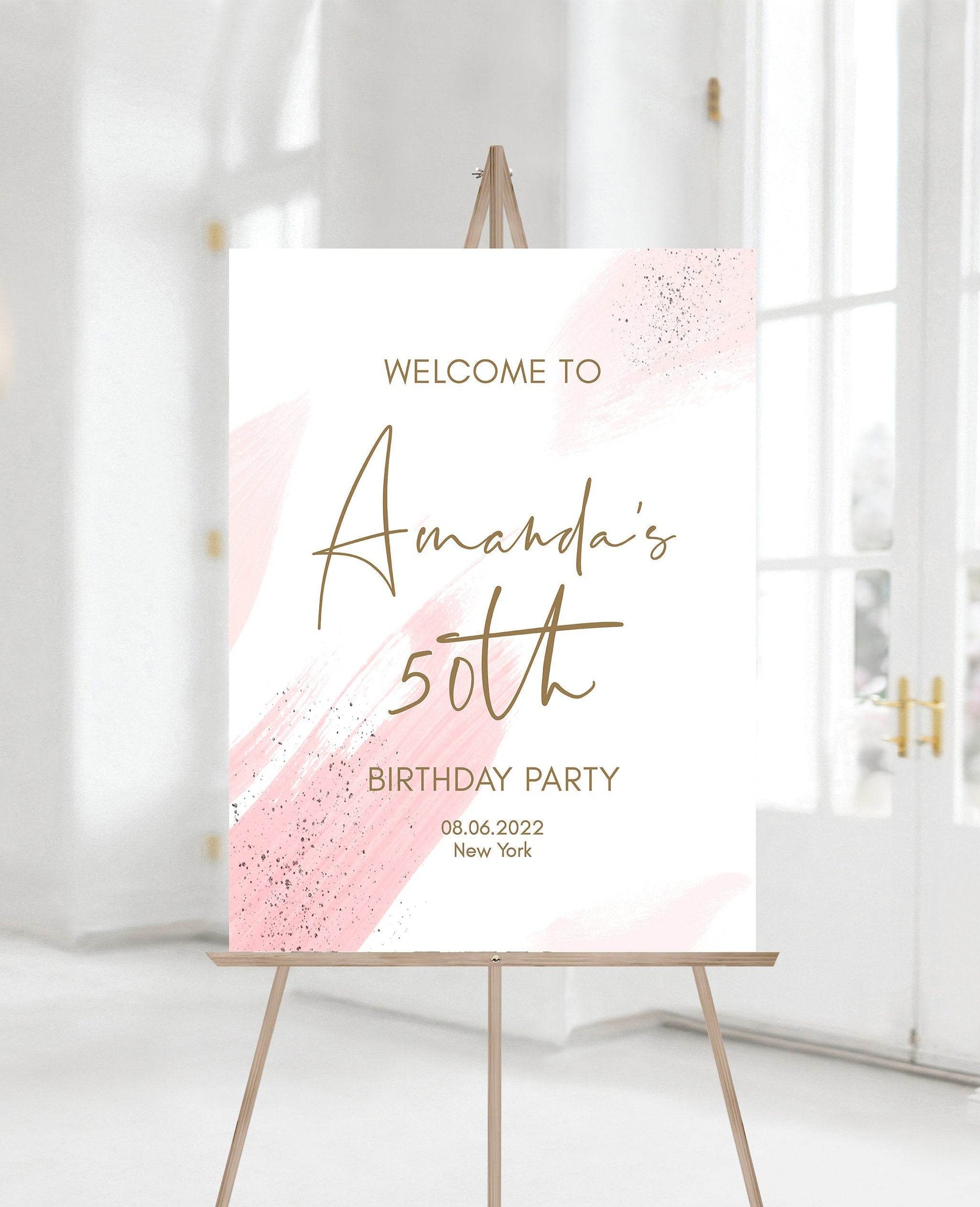 Printable 50th Birthday Welcome Sign, Editable Blush Pink Watercolor Template, Modern Calligraphy Fifty Party Sign, Instant Download