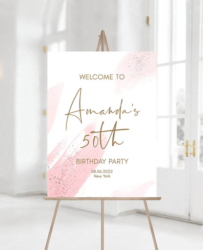 Printable 50th Birthday Welcome Sign, Editable Blush Pink Watercolor Template, Modern Calligraphy Fifty Party Sign, Instant Download