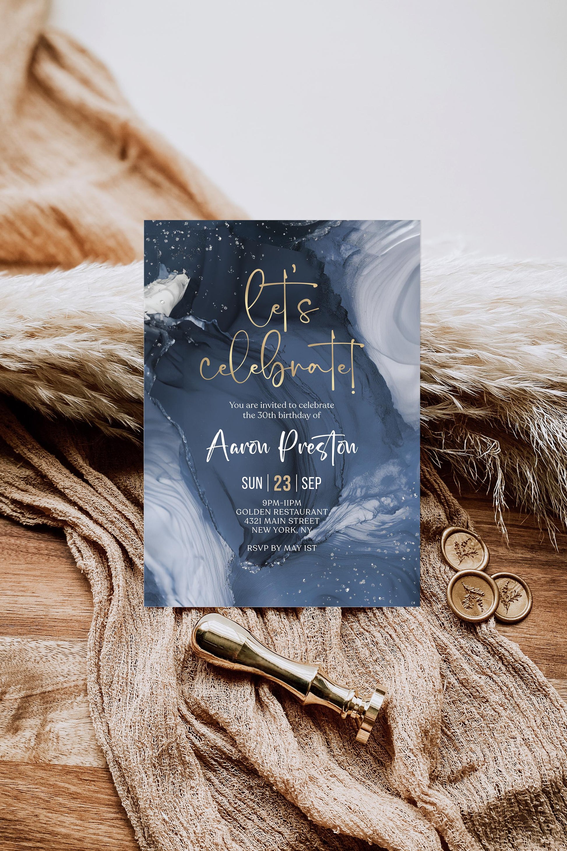 Blue Gold Let's Celebrate Birthday Invitation Template, Printable Birthday Party Invite, Editable Any Age Invitation, Navy Man Birthday Card