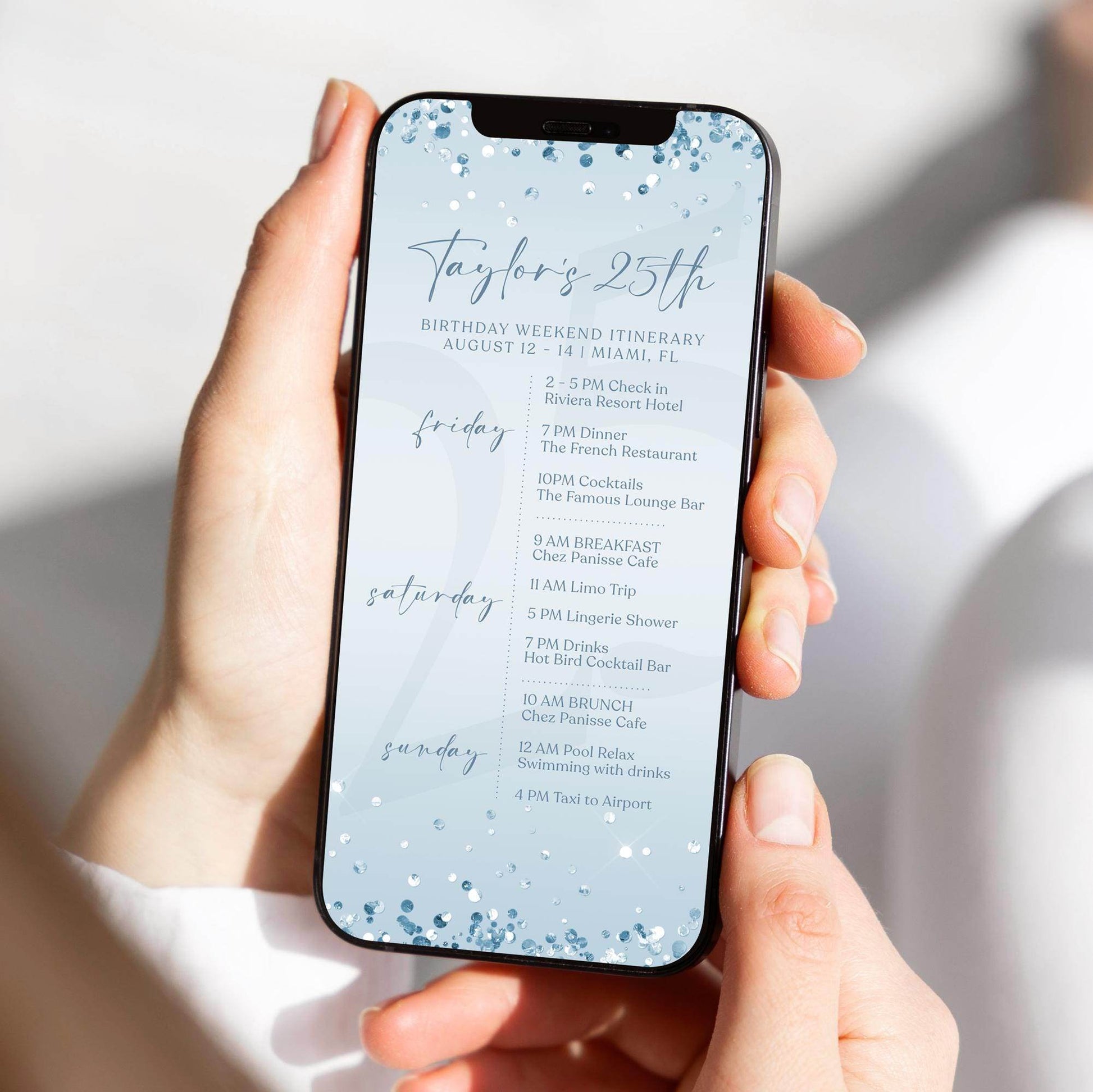 Electronic Birthday Weekend Itinerary Template, Blue Silver Birthday Itinerary, Digital Birthday Weekend Schedule, Editable Itinerary Invite