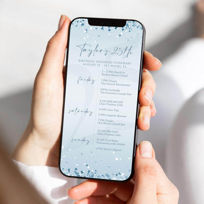 Electronic Birthday Weekend Itinerary Template, Blue Silver Birthday Itinerary, Digital Birthday Weekend Schedule, Editable Itinerary Invite