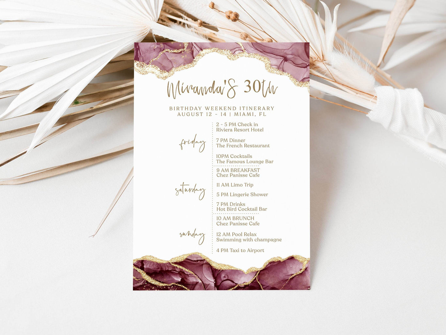 Printable Burgundy Gold Birthday Weekend Itinerary Template, Editable 30th Birthday Schedule, Weekend Planning Program, Instant Download