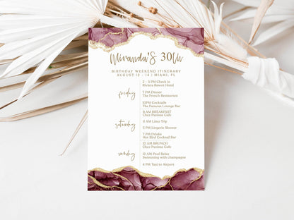 Printable Burgundy Gold Birthday Weekend Itinerary Template, Editable 30th Birthday Schedule, Weekend Planning Program, Instant Download