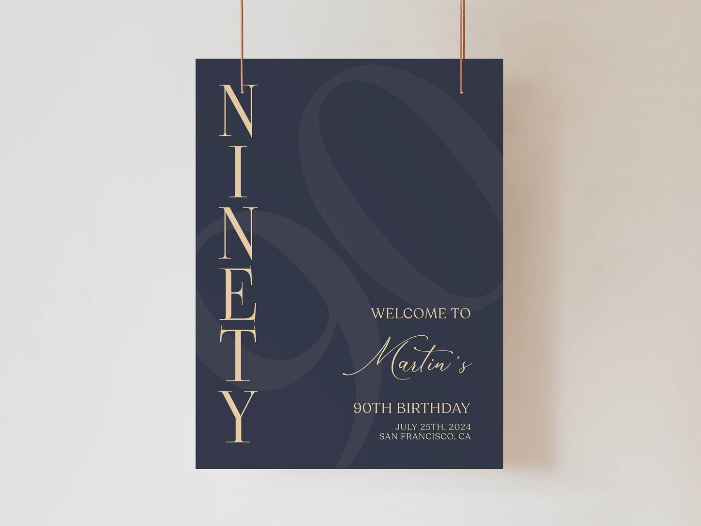90th Birthday Welcome Sign Template | Navy Blue & Gold Editable Poster | Printable Elegant 90th Party Sign | Digital Birthday Decoration
