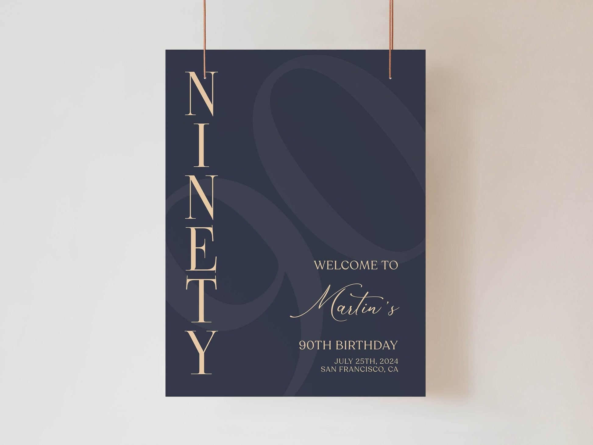 90th Birthday Welcome Sign Template | Navy Blue & Gold Editable Poster | Printable Elegant 90th Party Sign | Digital Birthday Decoration