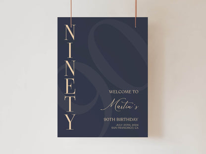 90th Birthday Welcome Sign Template | Navy Blue & Gold Editable Poster | Printable Elegant 90th Party Sign | Digital Birthday Decoration