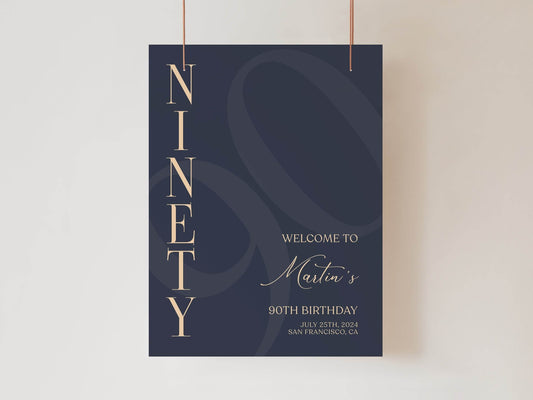 90th Birthday Welcome Sign Template | Navy Blue & Gold Editable Poster | Printable Elegant 90th Party Sign | Digital Birthday Decoration