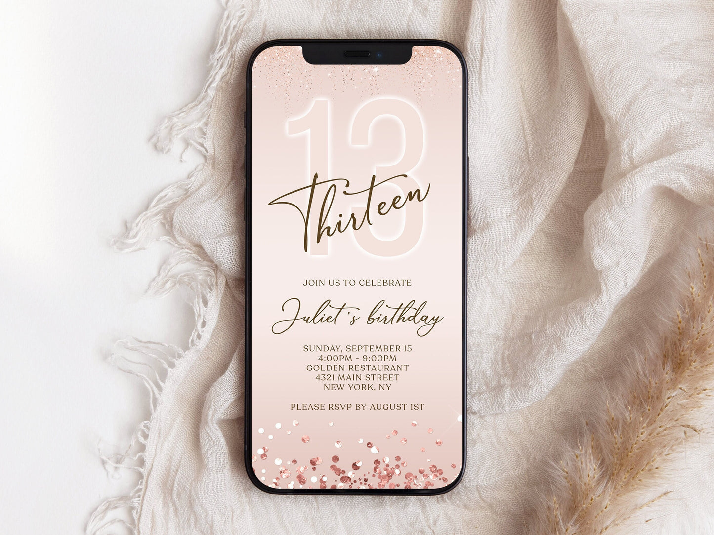 Digital 13th Thirteen Electronic Birthday Invitation Template, Thirteen Editable Invite for girl, 13, Text Message Evite, Phone Invitation