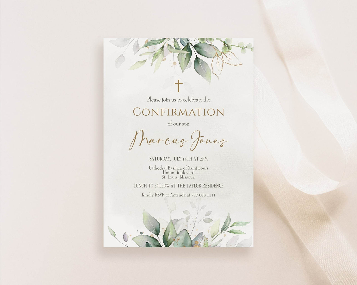 Printable Confirmation Invitation Template, Greenery Watercolor Invite, Editable Girl Boy Confirmation Card, Email Text Message