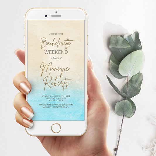 Digital Bachelorette Invitation Template, Watercolor Sea Sand Bachelorette, Electronic Bachelorette Invite, Weekend Itinerary Schedule DIY