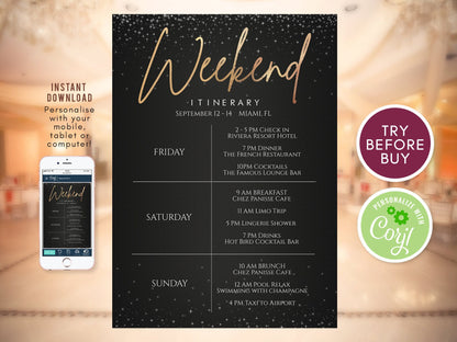 Printable Dark Gold Weekend Itinerary Invitation Template, Editable Weekend Itinerary, Hen Party Bachelorette Card, Digital Birthday Weekend