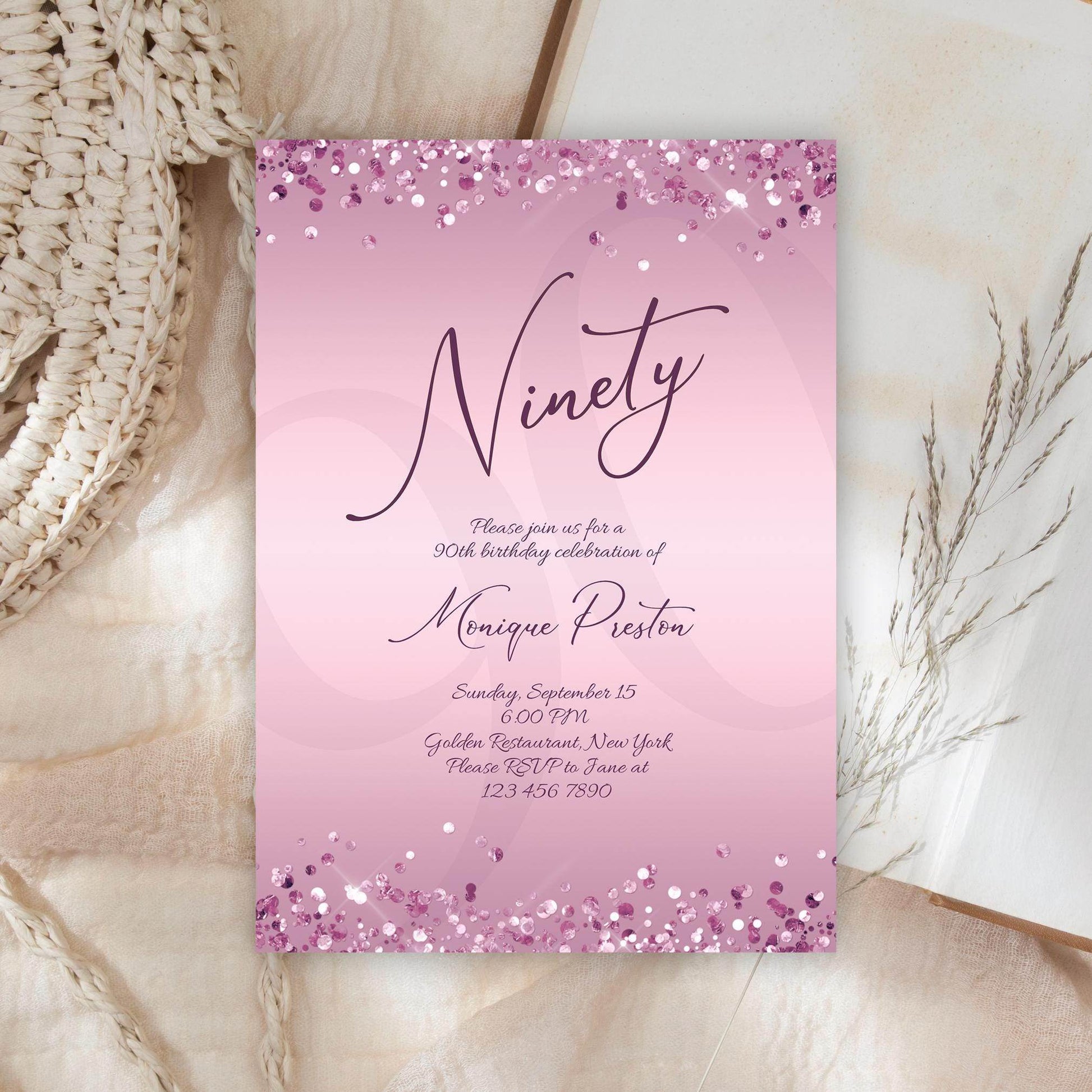 Printable 90th Birthday Invitation Template, Editable Purple Lavender Birthday Party Invite, Luxury Email Text Message Card, Instant Download