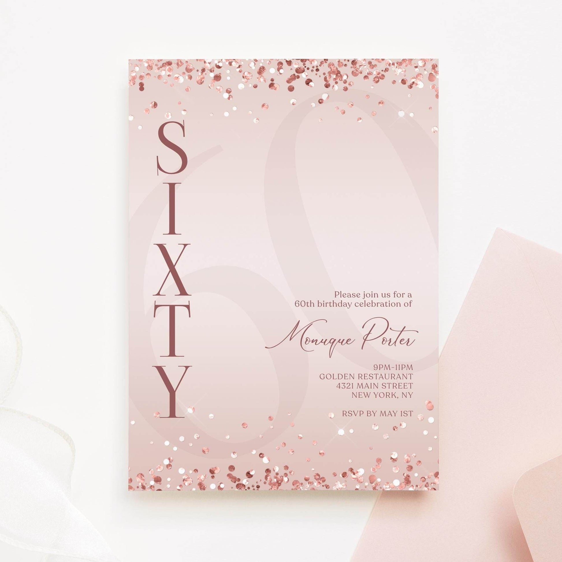 Pink Rose Gold 60th Birthday Invitation Template – Editable Surprise Party Invite – Printable Digital Sixty Birthday Evite – Email Text Message Download
