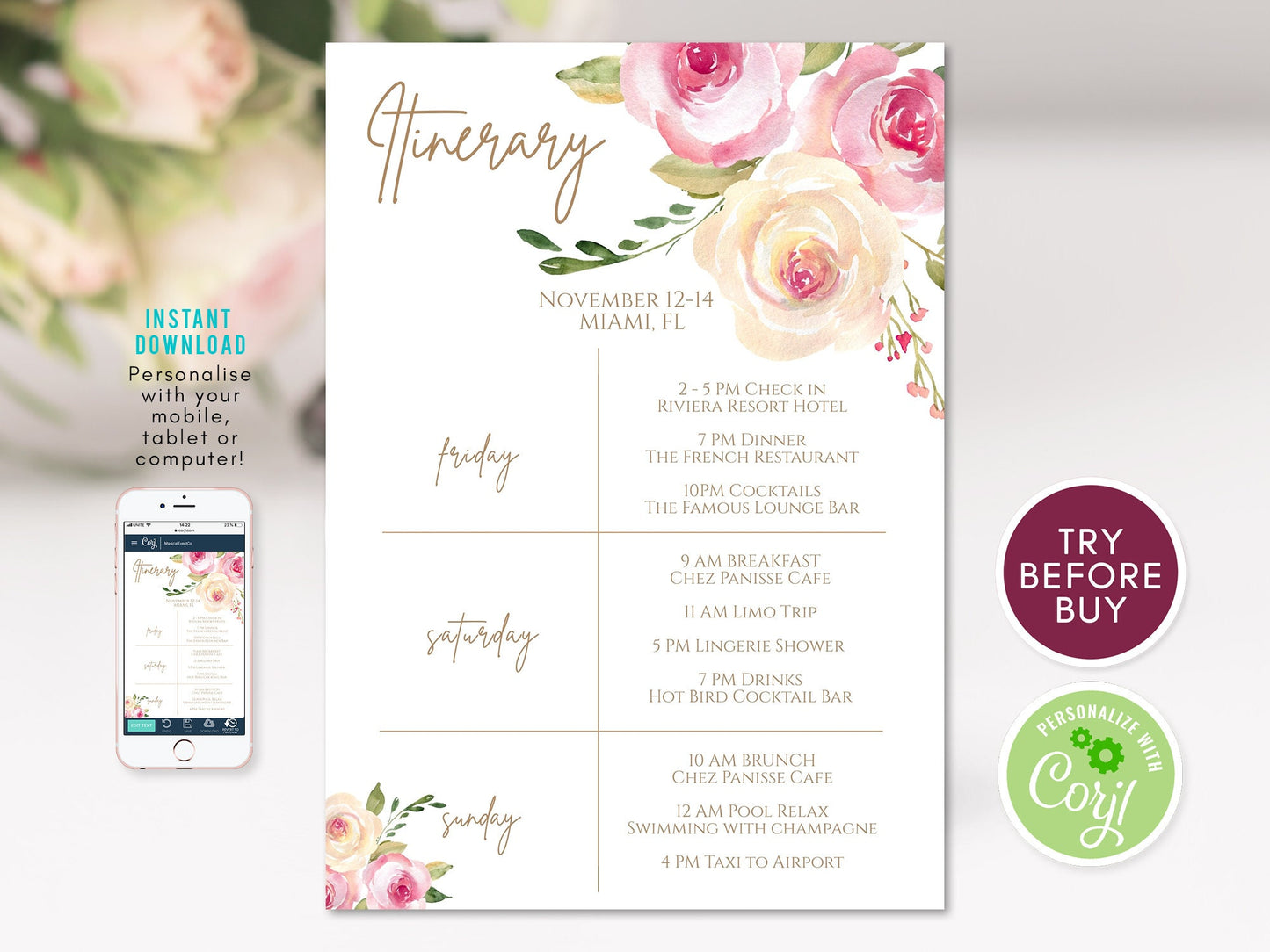 Editable Weekend Itinerary | Hens Party | Birthday Weekend | Instant Download