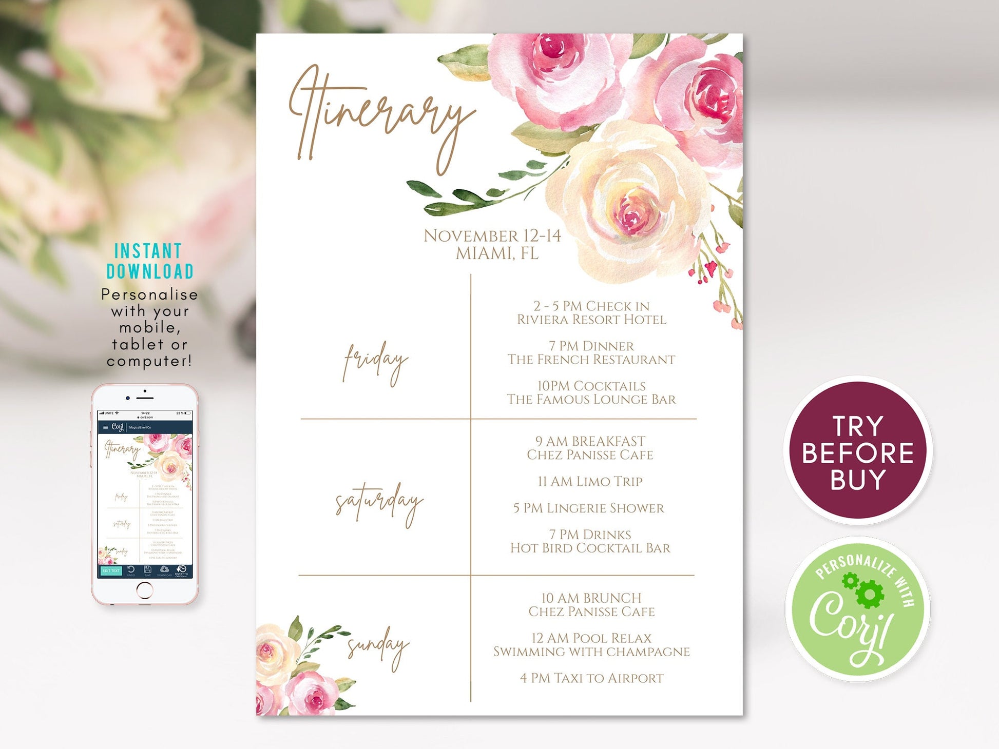 Editable Weekend Itinerary | Hens Party | Birthday Weekend | Instant Download