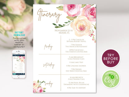 Editable Weekend Itinerary | Hens Party | Birthday Weekend | Instant Download