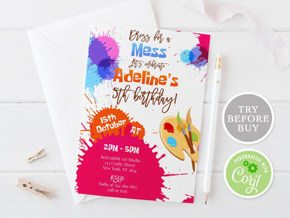 Art Paint Party Invitations, Dress for a Mess Printable Birthday Invitation, Editable Colors Party Invite, Paint Splash Birthday Invitation