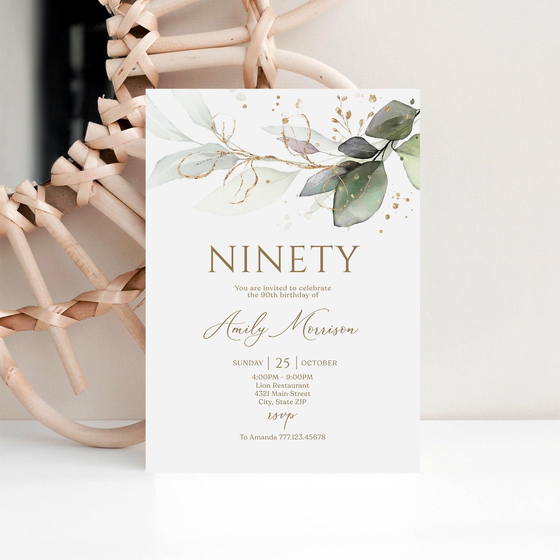Editable Ninety 90th birthday Invitation Card Template, Printable Greenery Gold Leaves Birthday Invite for women, Digital Template, Email Text Message, Instant Download