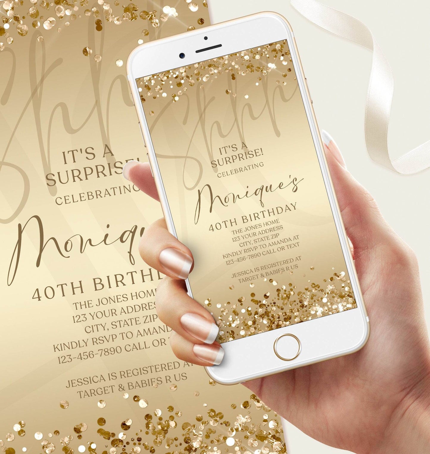Digital Shhh It’s a Surprise 40th Birthday Text Invitation, Editable Gold Forty Invite, Electronic Surprise Party Evite, Phone Invitation