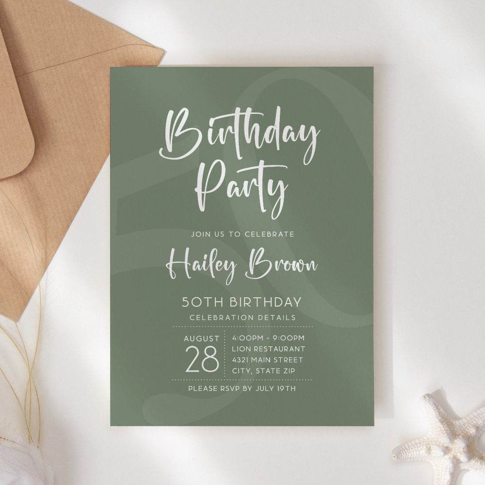 Simple Sage Green Birthday Invitation Template – Editable 5x7 Party Invite | Minimalist Printable Design | DIY Text or Email Evite