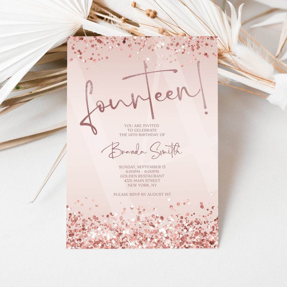 Editable 14th Birthday Invitation Template – Printable Rose Gold Confetti Girl Birthday Party Invite | Digital Email Text Message Evite | Instant Download