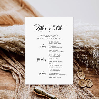 Editable 50th Birthday Weekend Itinerary Template, Printable Minimalist Party Schedule, DIY White Birthday Weekend Planner, Instant Download