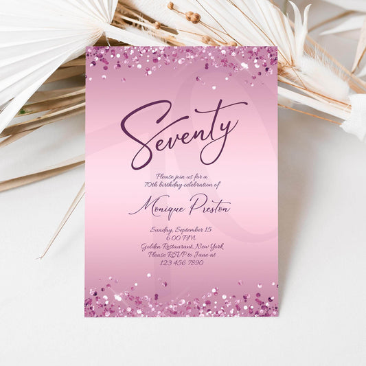 Editable 70th Birthday Invitation Template, Printable Elegant Purple Gold Party Invite, Lavender Confetti Email Text Message Evite, Luxury 5x7 Women’s Birthday Card, Instant Download