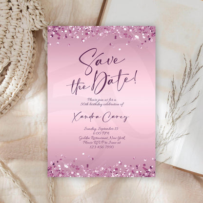 Editable Save the Date Purple Birthday Invitation Template, Printable Lavender Birthday Party Invite, Any Age Save the Date Card, Email Text Message, Instant Download