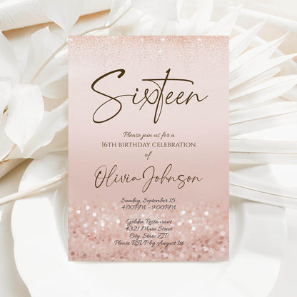 Girl 16th Sixteen Invitation Template Printable, Pink Birthday Party Invite, Editable Rose Gold Glitter Birthday Invitation Instant Download