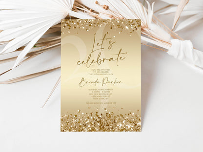 Let’s Celebrate Gold Birthday Invitation Template, Printable Confetti Invite, Editable Any Age Text Message Birthday Evite, Instant Download