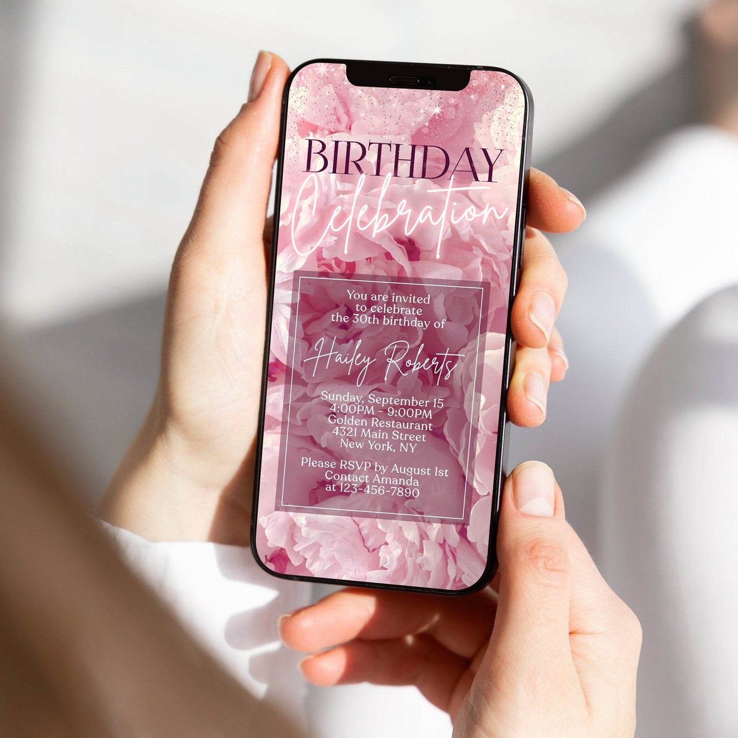 Digital Blush Pink Floral Birthday Celebration Invitation, Electronic Birthday Party Invite, Editable Phone Template, Text Message Evite