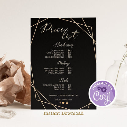 Editable Dark Gold Geometric Price List - Instant Download for Beauty Salons