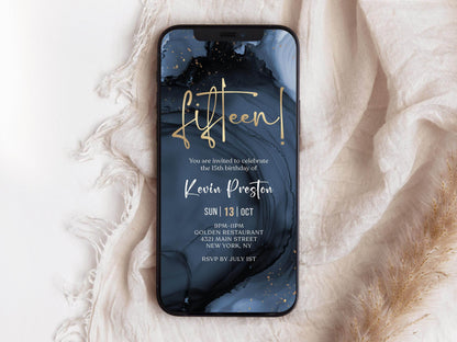 Blue Navy & Gold 15th Birthday Invitation Template for Boys – Digital Fifteen Birthday Party Invite | Editable Electronic Text Message Evite | Instant Download