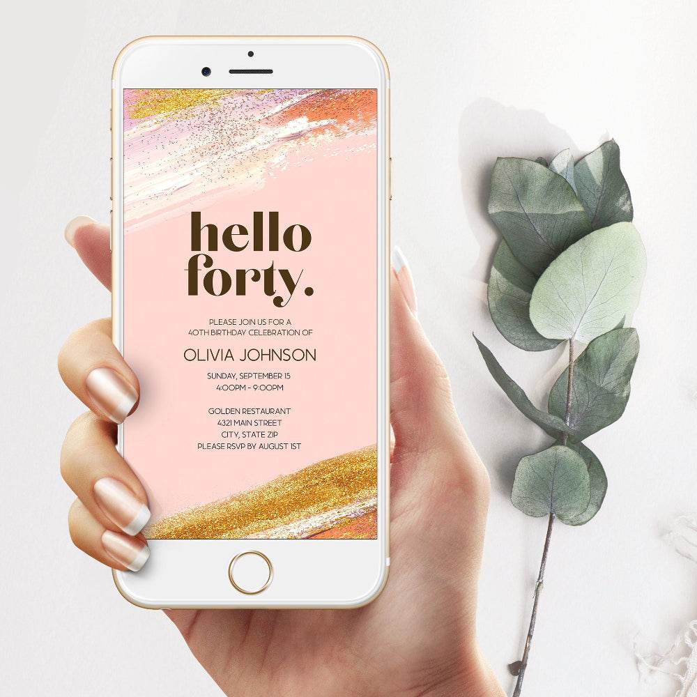 Electronic Hello Forty 40th Birthday Invitation | Editable Digital Text Message Invite Template