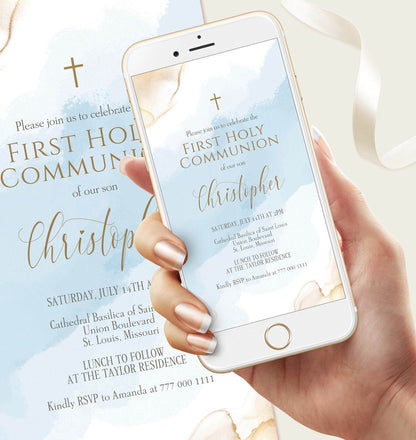 Boy Communion Invitation Template, Blue Watercolor 1st Holy Communion Evite, Editable Digital Text Message Invite, Instant Download