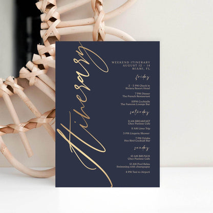 Navy Gold Weekend Itinerary Template, Editable Printable Birthday or Anniversary Weekend Schedule, Digital Events Itinerary, Instant Download, Email Text Message