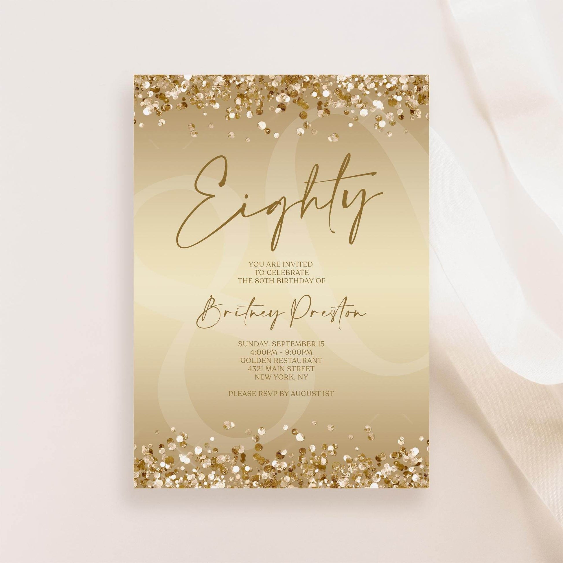 Gold 80th Birthday Invitation Template, Editable Gold Confetti Printable Invite, Surprise Party Card, Digital Text Message Evite