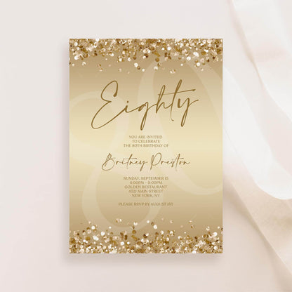 Gold 80th Birthday Invitation Template, Editable Gold Confetti Printable Invite, Surprise Party Card, Digital Text Message Evite