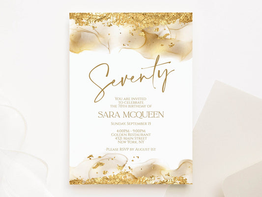 Editable 70th Birthday Invitation Template, Gold Foil Blush Glitter Invite, Digital Seventy Birthday Evite, Instant Download