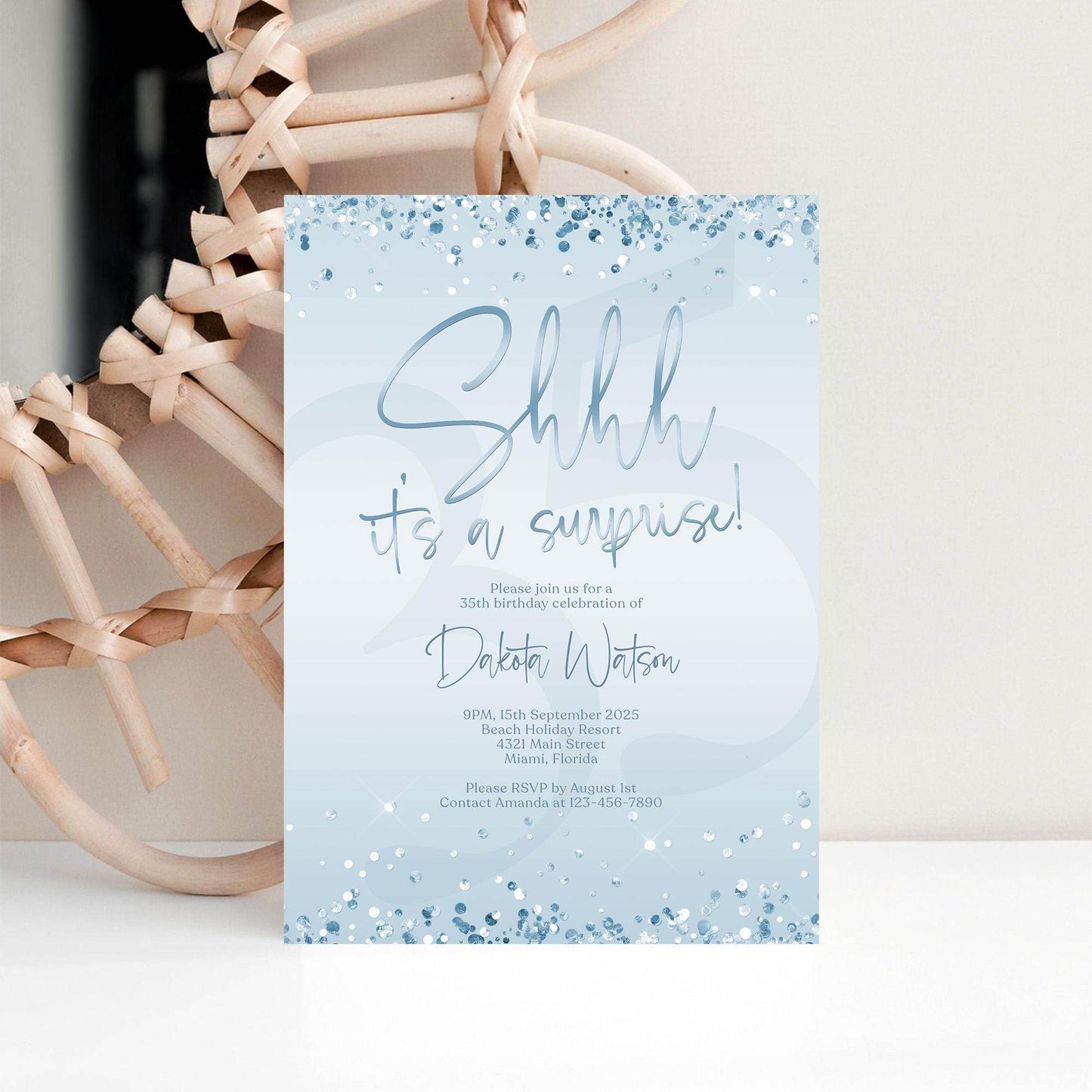 Surprise Party Invitation Template | Blue & Silver Foil Editable Birthday Invite | Any Age Printable Evite | Shhh It’s a Surprise | Text or Email Card
