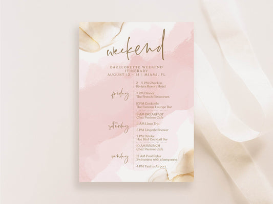 Printable Pink Gold Weekend Itinerary Template, Editable Hens Party Bachelorette Schedule, Minimalist Birthday Weekend Itinerary, Instant Download