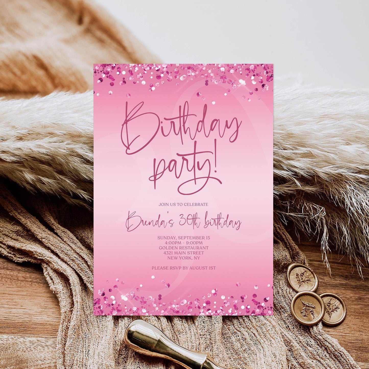 Pink 30th Birthday Invitation Template – Editable Hot Pink Fuchsia Party Invite | Printable Digital Birthday Card | Instant Download