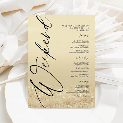 Weekend Itinerary Template – Editable Gold Birthday or Bachelorette Weekend Schedule | Printable Hen Party Itinerary | Text Message Digital Download