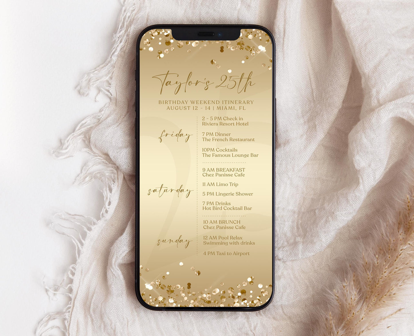 Electronic Golden Birthday Weekend Itinerary Template, Editable Birthday Itinerary, Digital Birthday Weekend Schedule, Gold Itinerary Invite