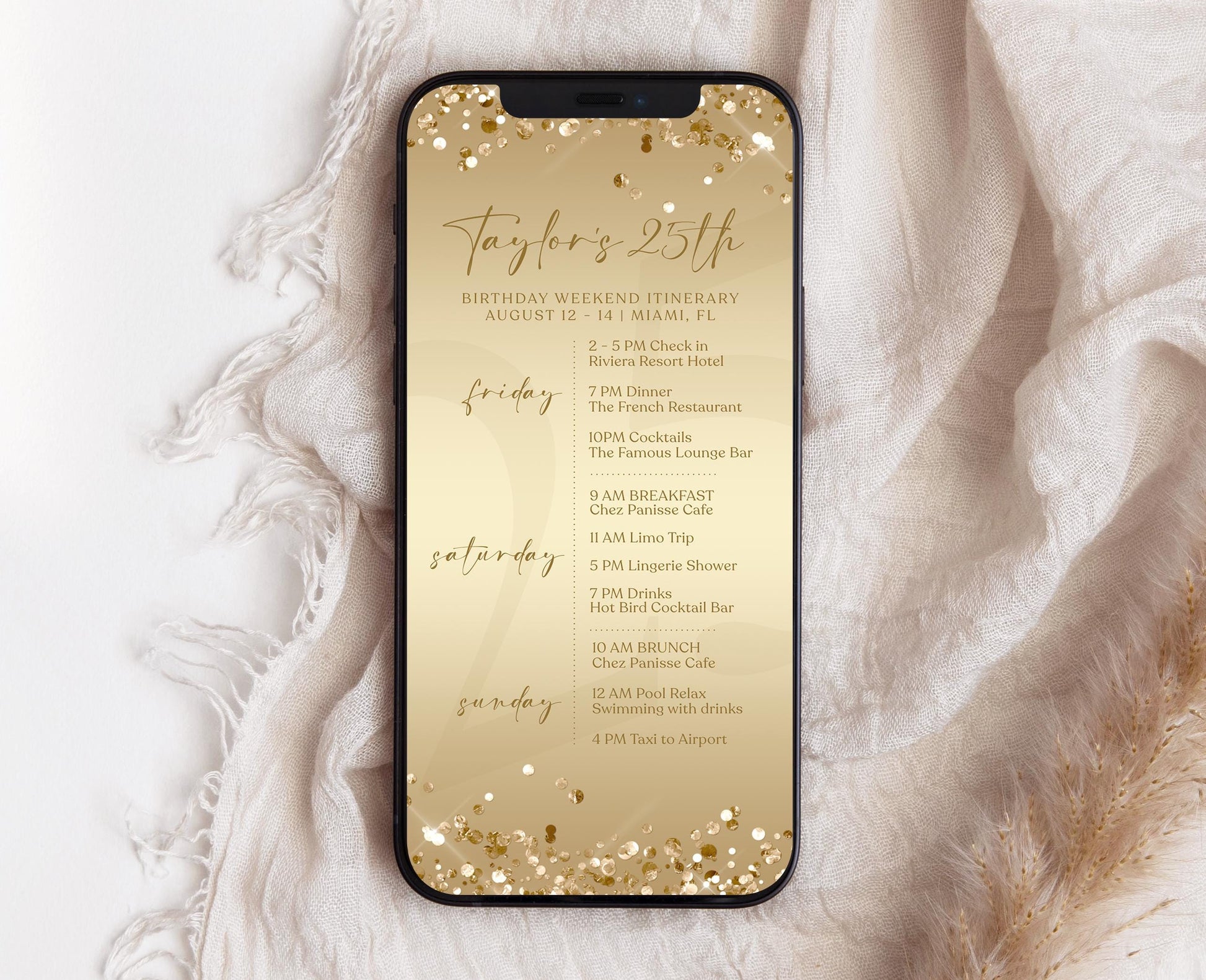 Electronic Golden Birthday Weekend Itinerary Template, Editable Birthday Itinerary, Digital Birthday Weekend Schedule, Gold Itinerary Invite