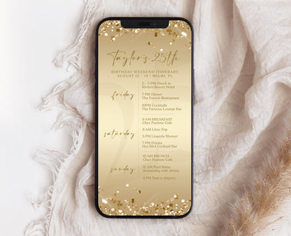 Electronic Golden Birthday Weekend Itinerary Template, Editable Birthday Itinerary, Digital Birthday Weekend Schedule, Gold Itinerary Invite
