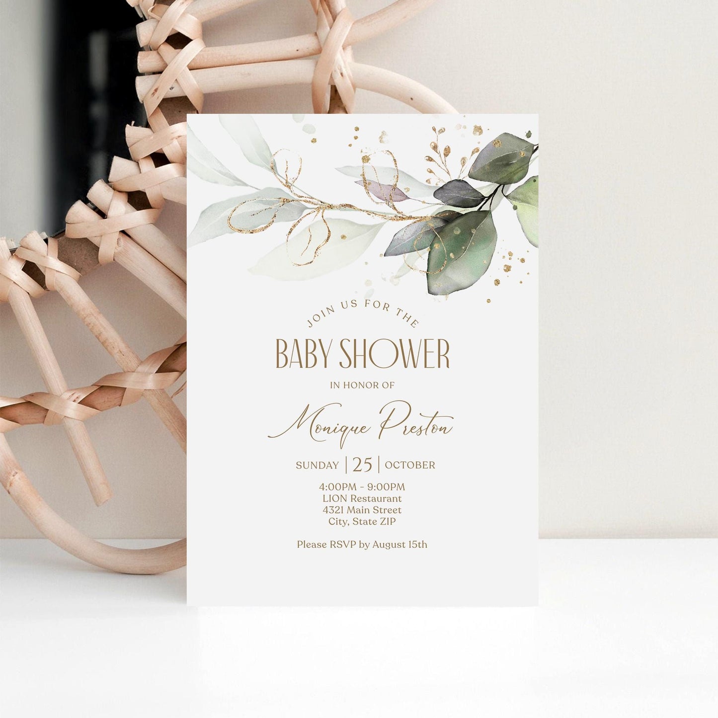 Editable Baby Shower Invitation Card Template, Greenery Boy Girl Baby Shower Invite, Printable Greenery Gold Leaves Baby Brunch Email Evite