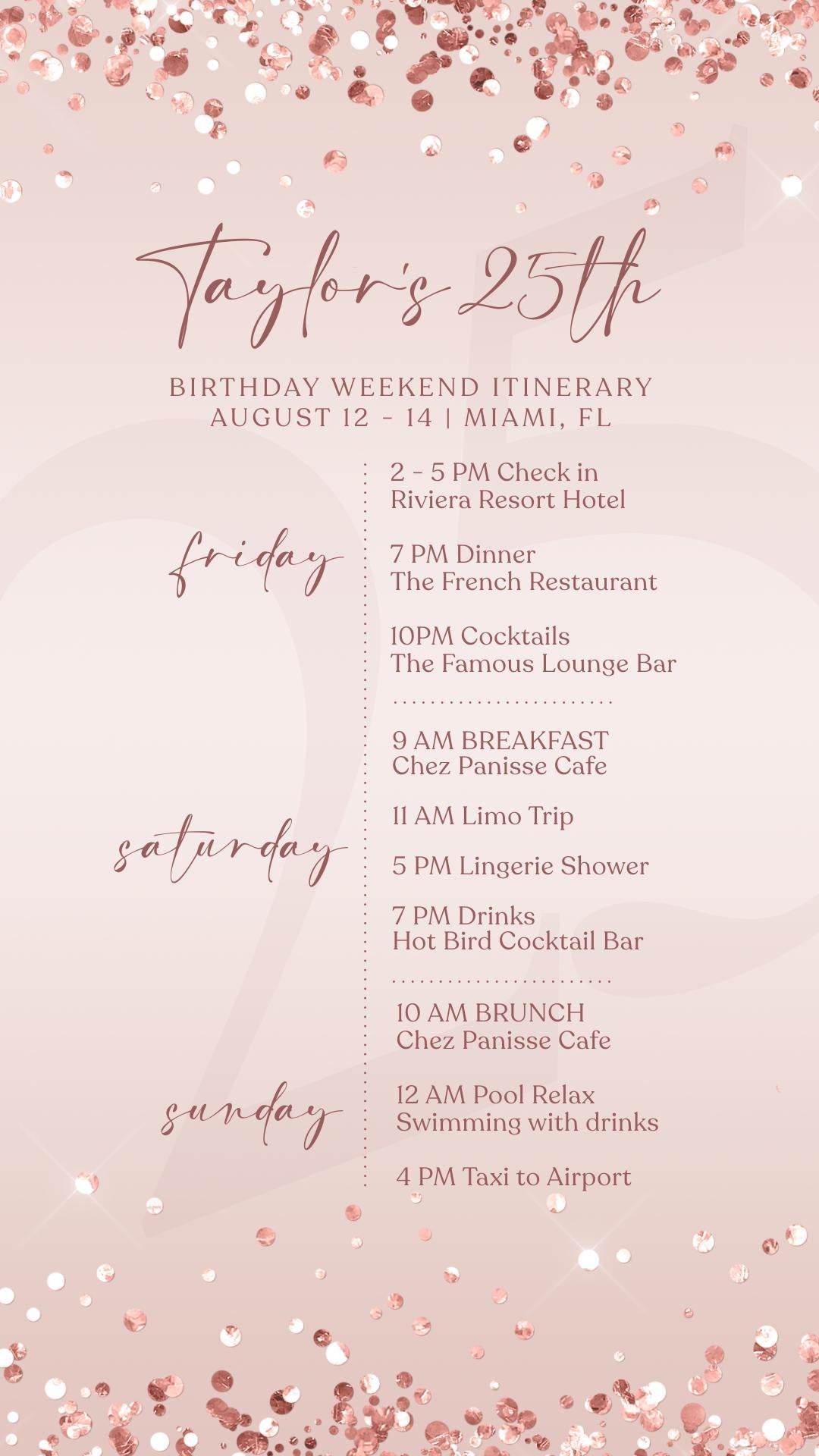 Electronic Birthday Weekend Itinerary Template, Editable Birthday Itinerary, Digital Birthday Weekend Schedule, Rose Gold Itinerary Invite