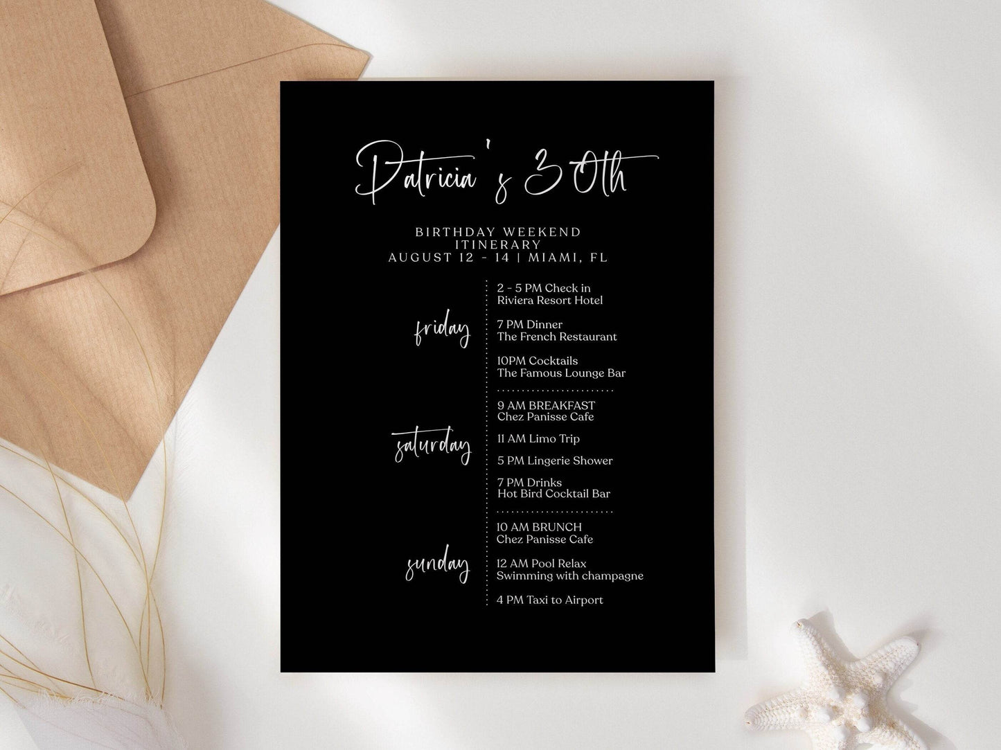 Printable Black Birthday Itinerary Template – Editable Minimalist Weekend Schedule – Digital Birthday Weekend Planner – Simple & Elegant Itinerary